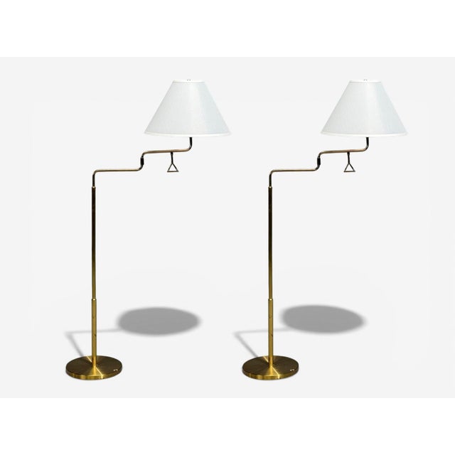 AB Armaturhantverk Göteborg, Swedish Mid-Century Modern, Articulating Floor Lamps, Brass, Fabric, Sweden, 1960s Pair of...