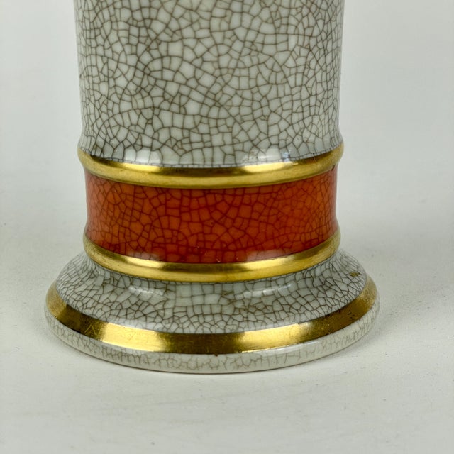 Royal Copenhagan 1960's Royal Copenhagen Denmark Grey Crackle Ceramic Vase With Orange & Gilded Bands For Sale - Image 4 of 8
