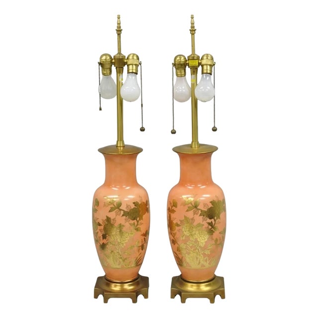 Vintage Marbro Chinoiserie Salmon Coral Pink Porcelain Table Lamps - A Pair For Sale