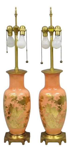Vintage Marbro Chinoiserie Salmon Coral Pink Porcelain Table Lamps - A Pair