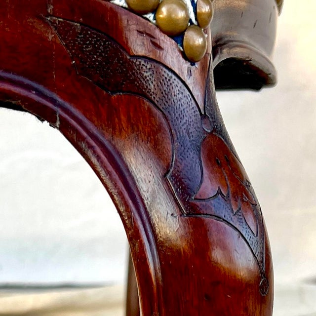 Wood Late 19th Century English Mahogany George III Style Open Arm Chair Upholstered in a Navy and White Chevron Fabric For Sale - Image 7 of 7