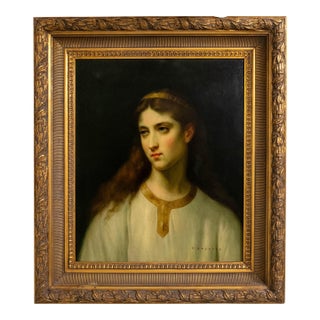 Gilt Frame Oil on Canvas Painting of Young Woman Study Art - Signed For Sale