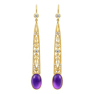 Art Nouveau Amethyst Drop Earrings Silver, Gold, A Pair For Sale