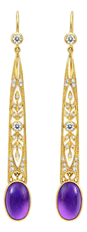 Art Nouveau Amethyst Drop Earrings Silver, Gold, A Pair