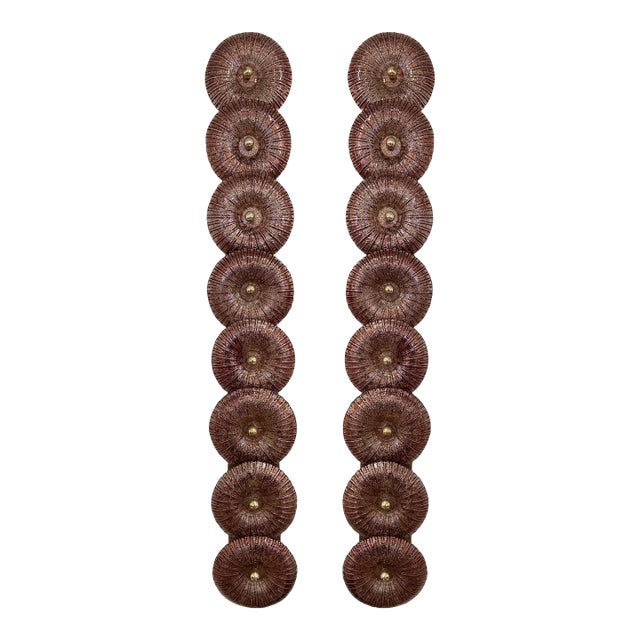 Large Contemporary Pair of Brass Pink Gold Leaf Murano Glass Sconces, Italy For Sale