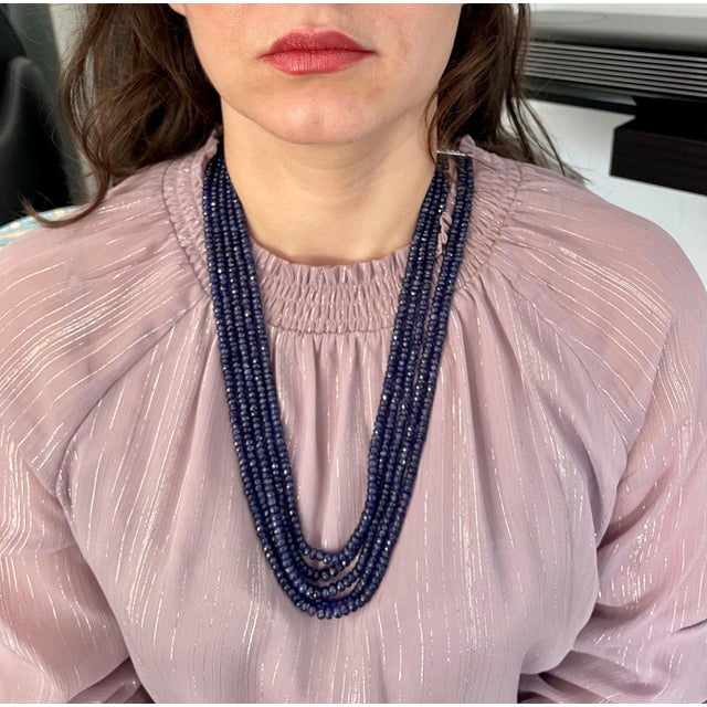 Faceted 980 Carat Natural Tanzanite Bead Five-Strand Necklace 14 Karat Gold For Sale - Image 18 of 18