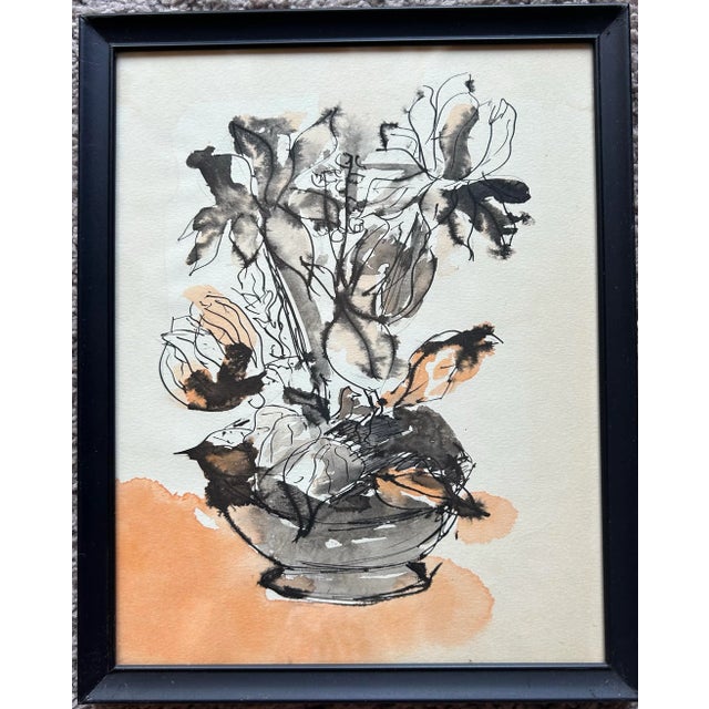 1967 Impressionist Style Set of 4 Pen & Ink Watercolors of Flowers For Sale In Philadelphia - Image 6 of 8