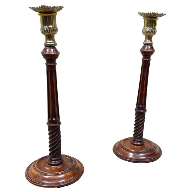 Antique Mahogany and Brass Candlesticks, 1760, Set of 2 For Sale - Image 6 of 10