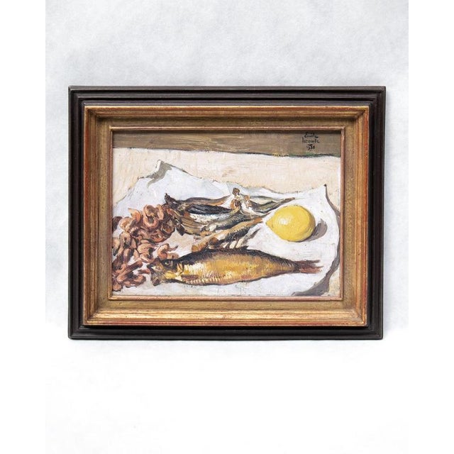 Yellow Émile Lecomte, Still Life with Fish, Shrimp & Lemon, 1935, Oil Painting on Canvas, Framed For Sale - Image 8 of 13