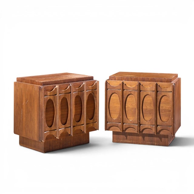 Tobago Brutalist Mid Century Walnut Nightstands - Pair Each nightstand measures: 26 wide x 18 deep x 25 inches high Fair...