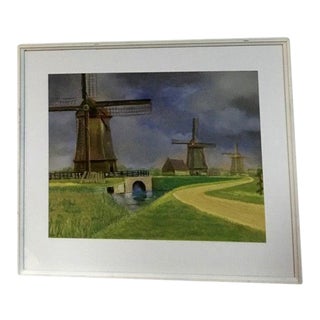 “Windmills” Vintage Oil Pastel, Framed For Sale