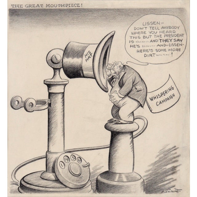 Vintage political cartoon by H.M. Talburt (American, 1895-1966). A man in a suit is speaking about the president into his...