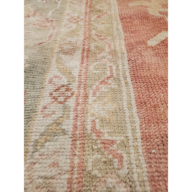 Antique Oushak Carpet, Oriental Rug, Handmade Ivory, Muted Coral, Soft Green For Sale - Image 12 of 13