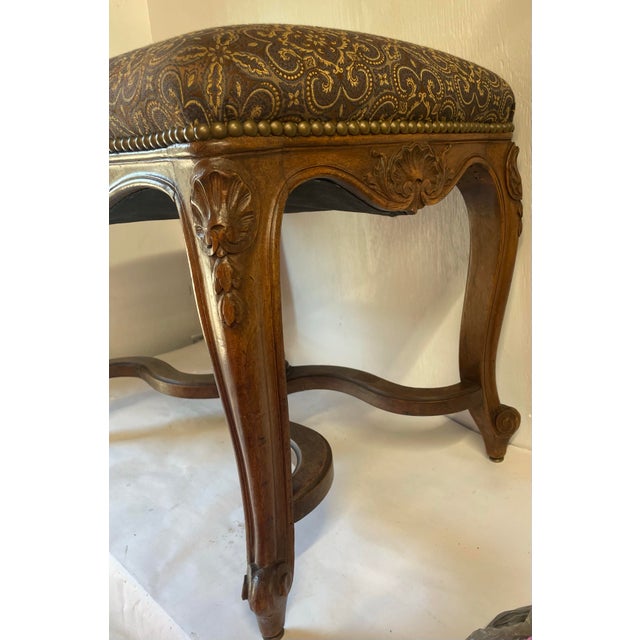 Brown French Carved Wood Upholstered Bench For Sale - Image 8 of 10