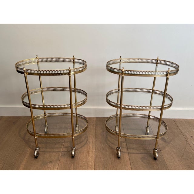 1940s Oval 3-tier Brass Drinks Trolleys in the Style of Maison Jansen - a Pair For Sale - Image 5 of 12