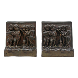 Circa 1900 Pair of Bronze Plated Bookends Featuring Reliefs of Putti