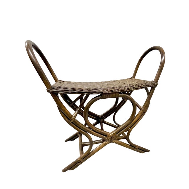 Thonet Vintage Woven Rattan & Bamboo Stool With Sculptural Loop Base For Sale - Image 4 of 18