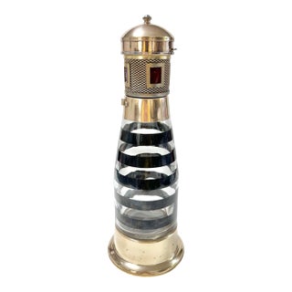 Vintage Nautical Lighthouse Cocktail Shaker Decanter Barware, Brass & Glass Maritime Accent For Sale