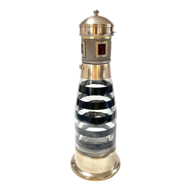 Vintage Nautical Lighthouse Cocktail Shaker Decanter Barware, Brass & Glass Maritime Accent For Sale