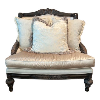 Late 20th Century Walnut Framed White Velvet and Chenille French Style Chair and a Half For Sale