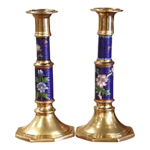 Pair of Vintage Brass Champleve Candle Holders With Floral & Leaf Motifs
