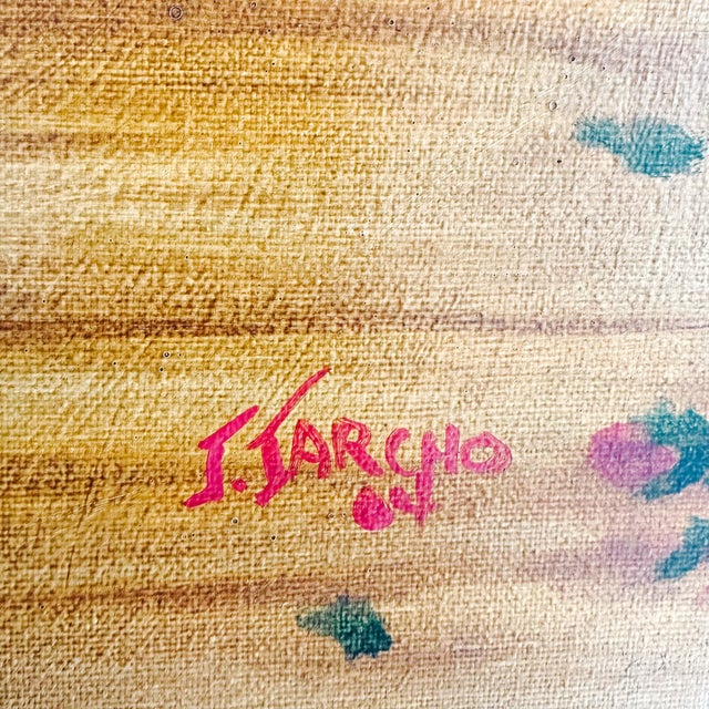 Pair of Large Original Oil Portraits of a Portuguese Water Dog on a Striped Bergère For Sale - Image 12 of 14