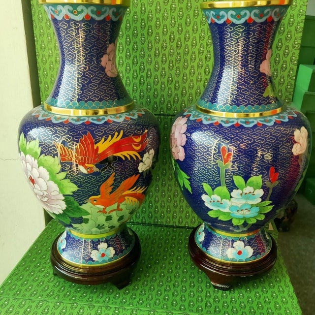 Metal Pair of Vintage Cloisonné Enamel Vases – Phoenix & Peony Motif, Sapphire Blue Ground For Sale - Image 7 of 10