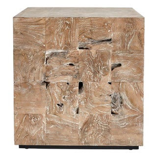 Washed Teak Root Cube Side Table For Sale