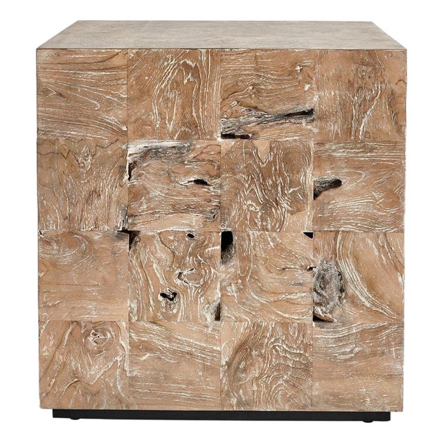 Washed Teak Root Cube Side Table For Sale