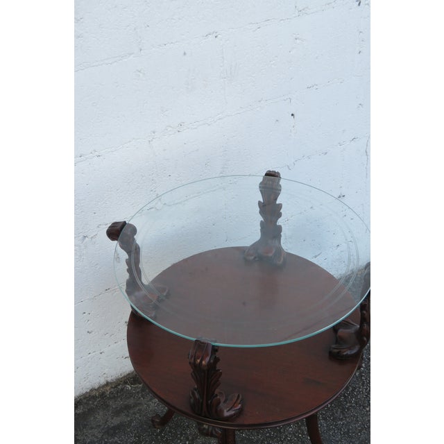 Hand Carved Round Two Tier Mahogany Glass Top Side End Lamp Table 5762 For Sale - Image 4 of 12