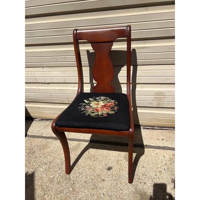 Early 20th Century Vintage Hickory Chair Classical Style Cherry and Needlepoint Dining Chairs