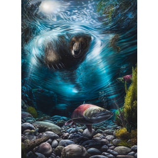 Not Again by Shay Davis | Oil Painting of a bear underwater among fish and rocks For Sale