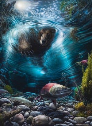 Not Again by Shay Davis | Oil Painting of a bear underwater among fish and rocks