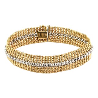 Mid 20th Century Wide Beaded Mesh 14k Two Tone Gold Bracelet For Sale