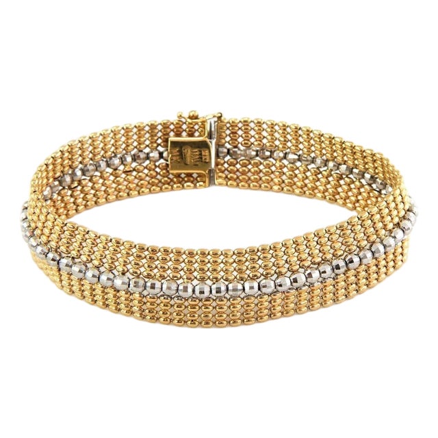Mid 20th Century Wide Beaded Mesh 14k Two Tone Gold Bracelet For Sale