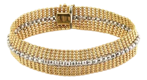Mid 20th Century Wide Beaded Mesh 14k Two Tone Gold Bracelet