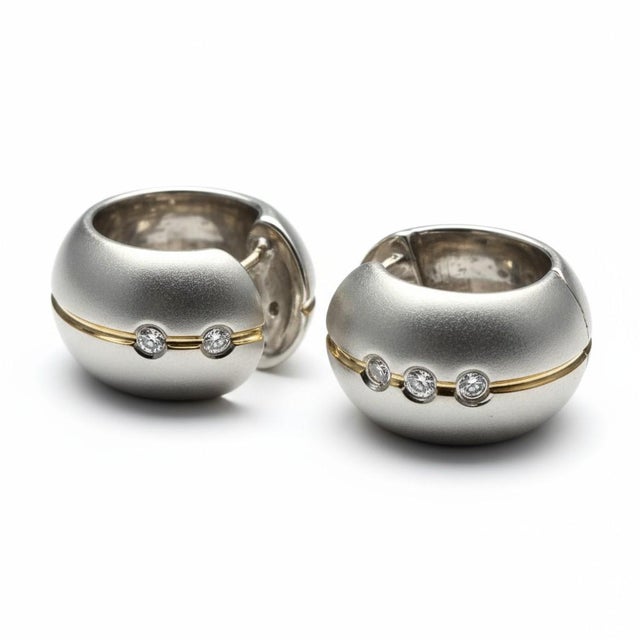 Metal 18kt White Gold Huggie Hoop Earrings With Diamonds 0.50 Inch Length, A Pair For Sale - Image 7 of 8