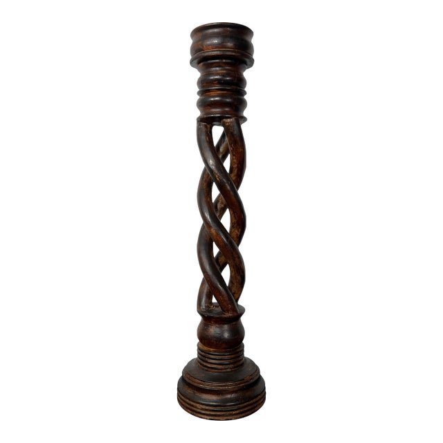 27-Inch Antique Hand-Carved Openwork Barley Twist Candlestick | 6" Diameter Base | Early 20th Century For Sale