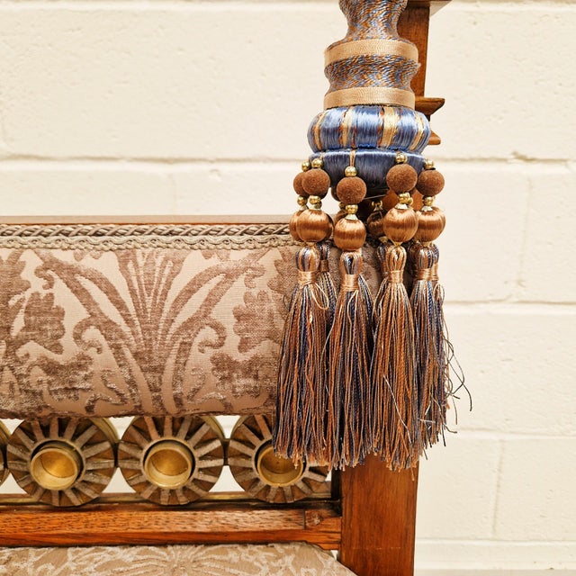 Wood Vintage Renaissance Revival Carved Oak Chairs with Liberty Damask and Regal Tassels, 1970s, Set of 2 For Sale - Image 7 of 14