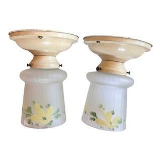1920s Painted Iridescent Ribbed Botanical Motif Flushmount Fixtures on Old Original Painted Flushmount Holders - a Pair For Sale