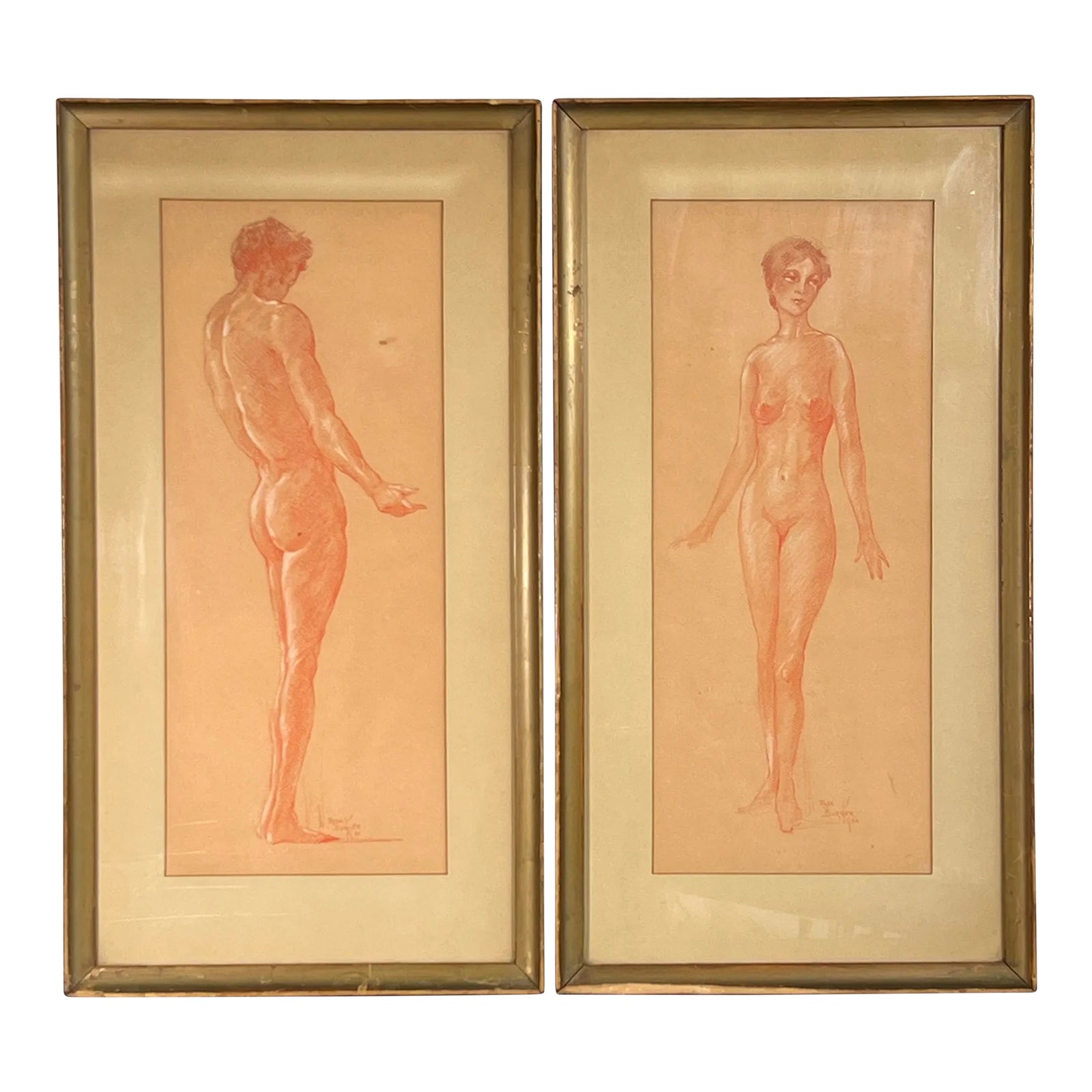Vintage C.1930 Rosa Burger Pastel Pencil & Gouache Nude Portraits - a Pair