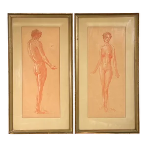 Vintage C.1930 Rosa Burger Pastel Pencil & Gouache Nude Portraits - a Pair