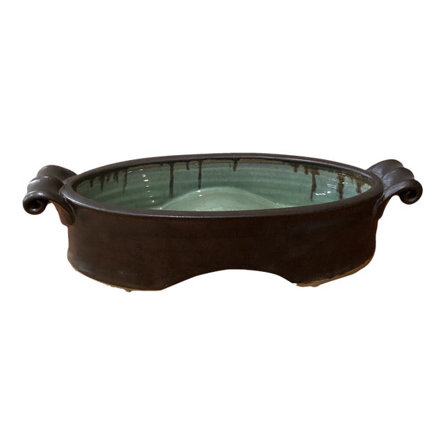 Early 20th Century Chinese Glazed Stoneware Bulb Bowl/Planter With Handles Handcrafted For Sale