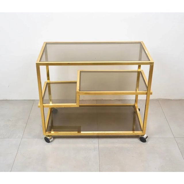 Metal Serving Bar Cart in Brass and Smoked Glass, Italy, 1970s For Sale - Image 7 of 15