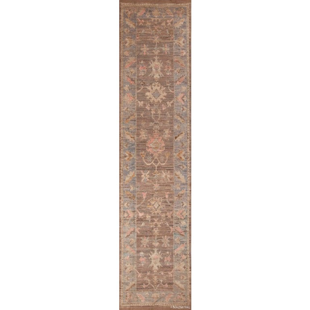 Casual Brown Earth-Tone Color Floral Modern Oushak Design Hallway Runner Rug For Sale