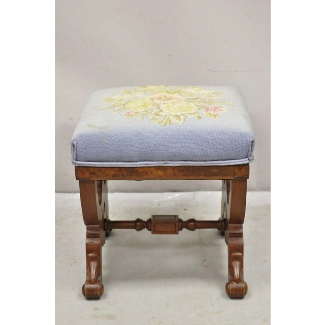 Victorian Antique Eastlake Victorian Burl Walnut Carved Curule Footstool Ottoman For Sale - Image 3 of 11