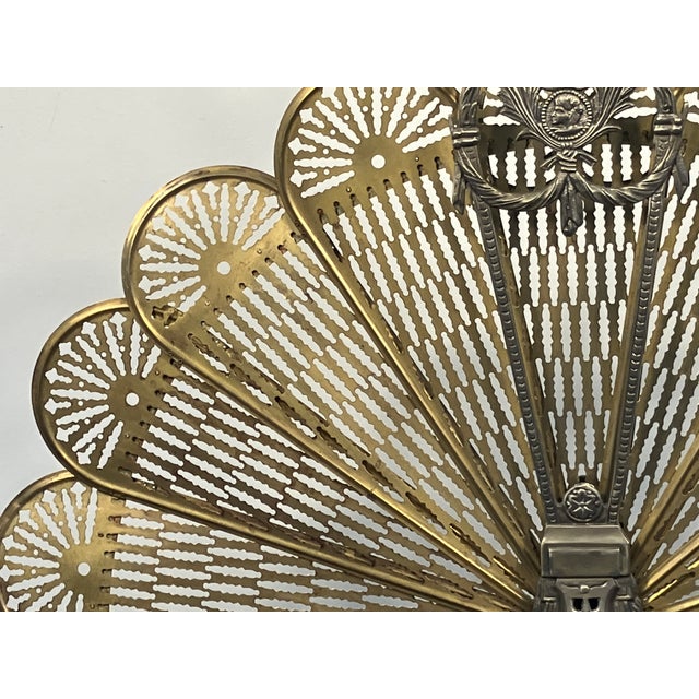 Antique Brass Fireplace Fan Screen – Folding Peacock Style With Patina For Sale - Image 12 of 18