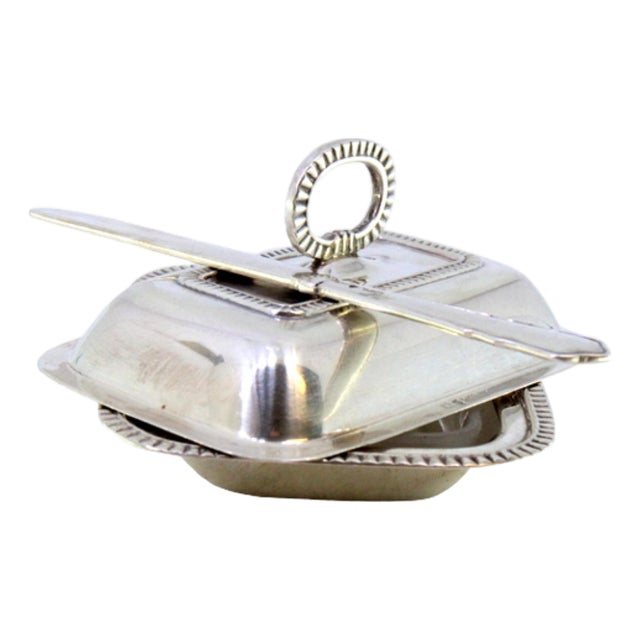 Silver and Glass Butter Dish with Embossed Trim, Lid with Knob and Knife For Sale