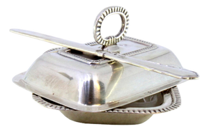 Silver and Glass Butter Dish with Embossed Trim, Lid with Knob and Knife