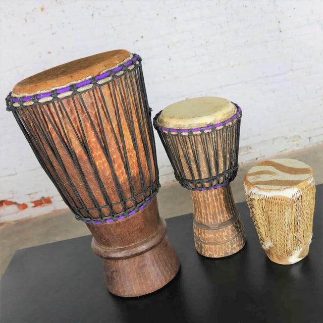 Vintage Trio of Tribal Drums Carved Wood and Animal Hide For Sale - Image 6 of 13